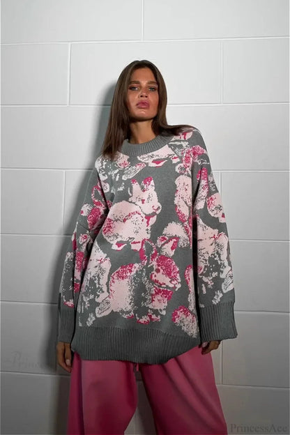 Rabbit Pattern Loose Lazy Colorblock Sweater