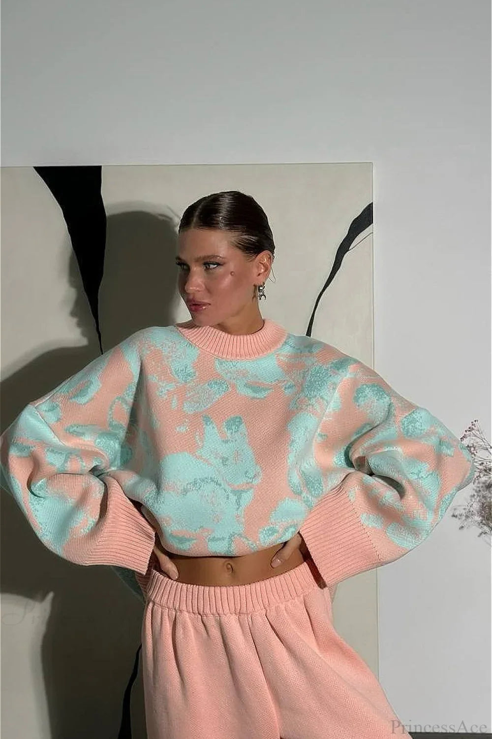 Rabbit Pattern Loose Lazy Colorblock Sweater