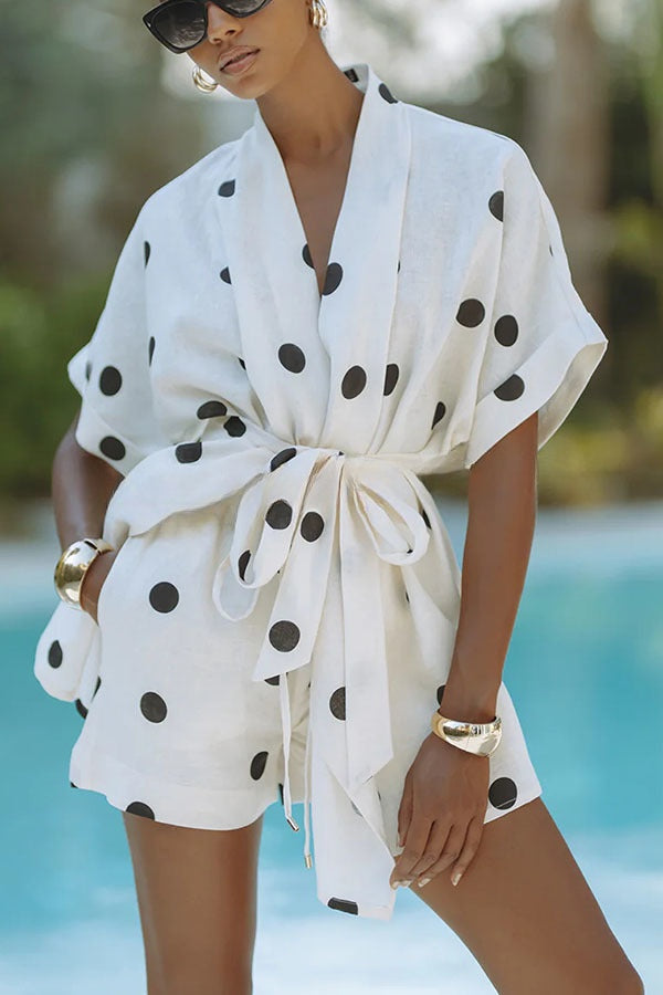 Playful Linen Blend Polka Dot Tie-up Kimono Top and Elastic Waist Pocket Shorts Set