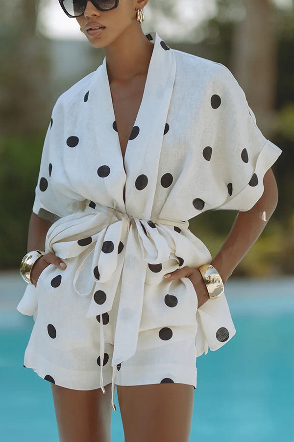 Playful Linen Blend Polka Dot Tie-up Kimono Top and Elastic Waist Pocket Shorts Set