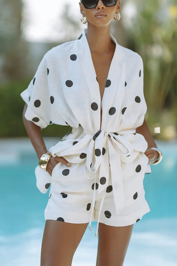 Playful Linen Blend Polka Dot Tie-up Kimono Top and Elastic Waist Pocket Shorts Set