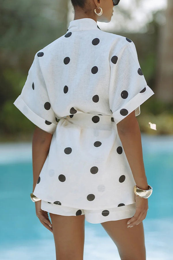 Playful Linen Blend Polka Dot Tie-up Kimono Top and Elastic Waist Pocket Shorts Set
