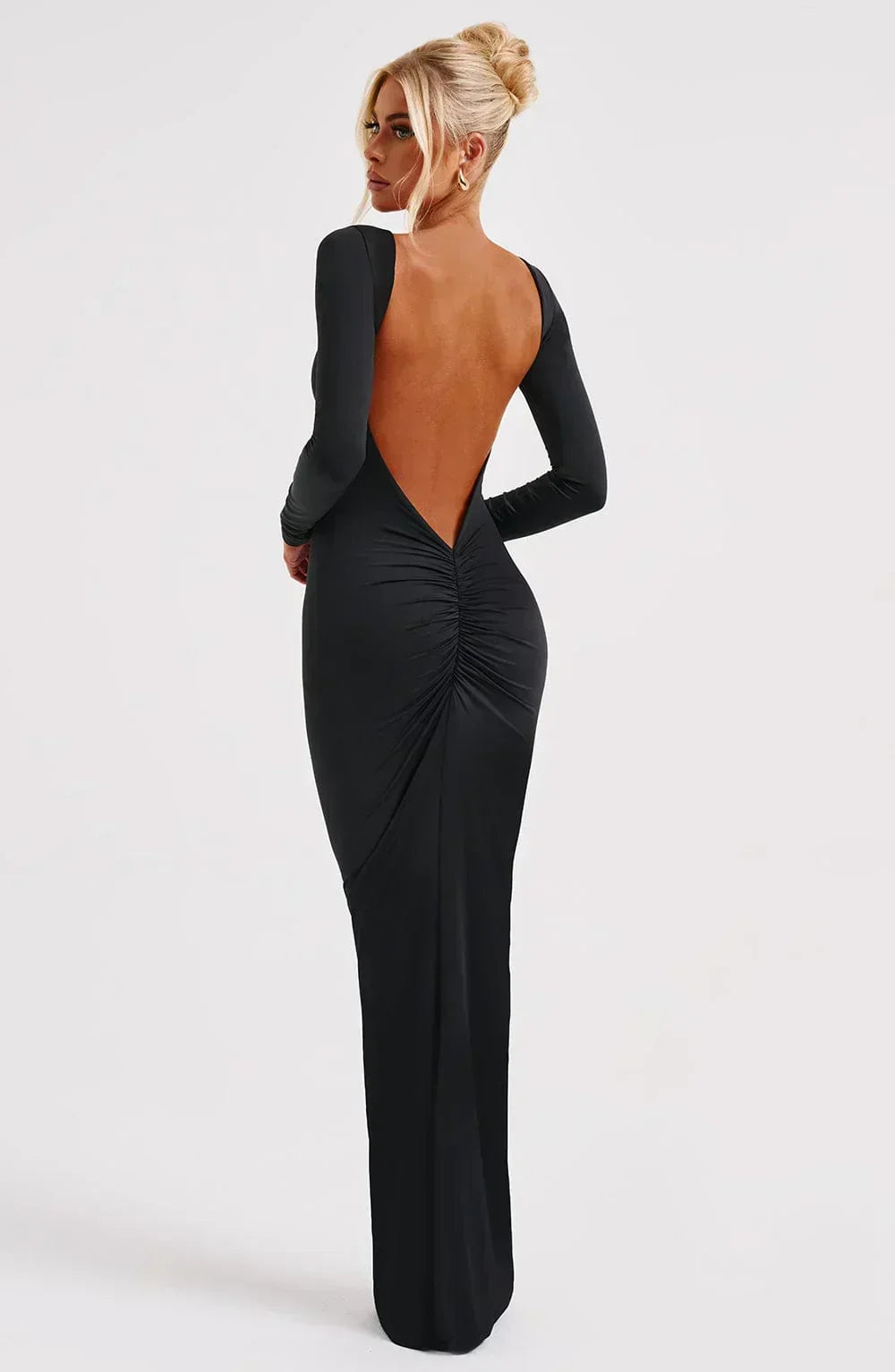 Boat Neck Long Sleeve Open Back Ruched Column Maxi Dress