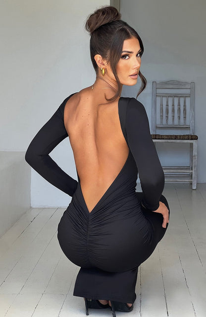 Boat Neck Long Sleeve Open Back Ruched Column Maxi Dress
