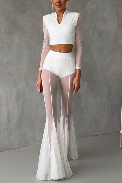 Deep Chic Mesh High Rise Elastic Waist Fishtail Stretch Pants