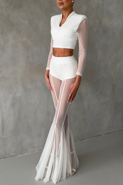 Deep Chic Mesh High Rise Elastic Waist Fishtail Stretch Pants