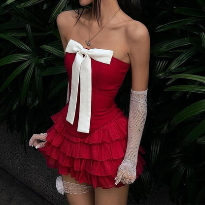 Strapless Bow Front Tiered Ruffle Mini Dress