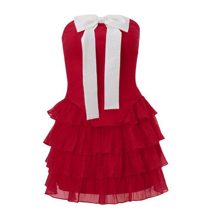 Strapless Bow Front Tiered Ruffle Mini Dress