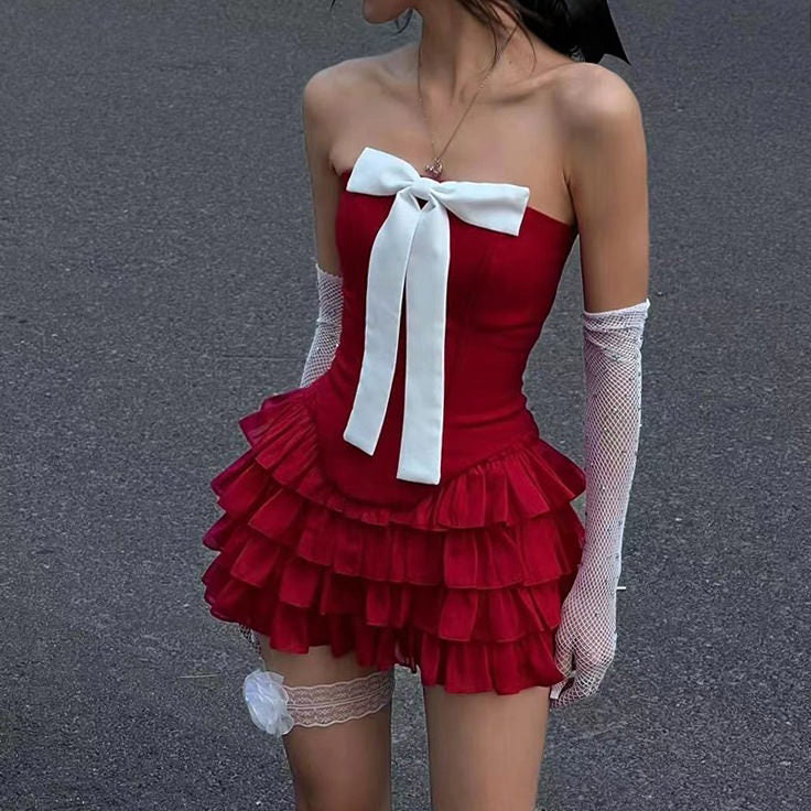 Strapless Bow Front Tiered Ruffle Mini Dress