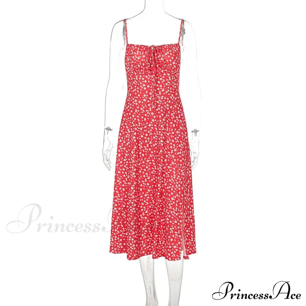Red Floral Print Charming Strap Split Midi Dress
