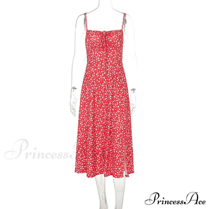 Red Floral Print Charming Strap Split Midi Dress