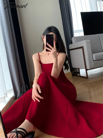 Red Midi Dress Women Elegant Summer New Fashion Sleeveless Spaghetti Strap A-line Dresses Female Vestidos Slim Clothes