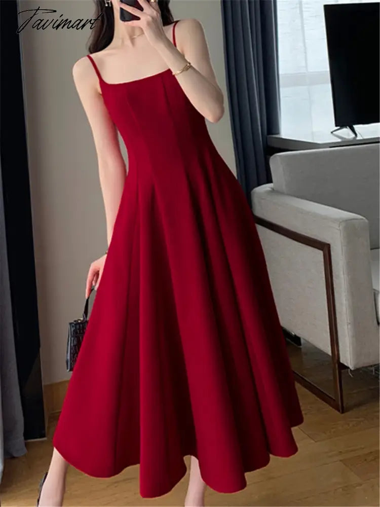 Red Midi Dress Women Elegant Summer New Fashion Sleeveless Spaghetti Strap A-line Dresses Female Vestidos Slim Clothes