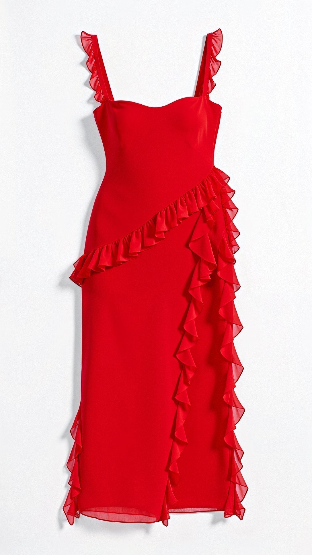 Square Neck Ruffle Strap Wrap Front High Split Ruffle Trim Midi Dress