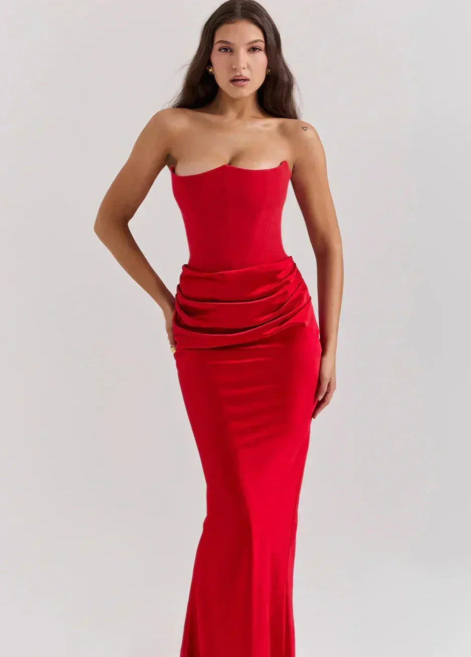 Strapless Pointed Neckline Hip Ruched Column Maxi Gown