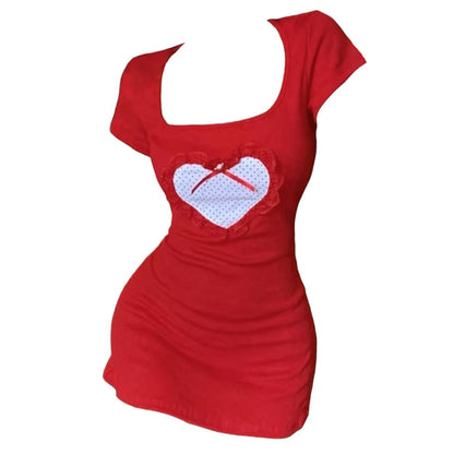 Square Neck Polka Dot Heart Patch Bow Bodycon Mini Dress