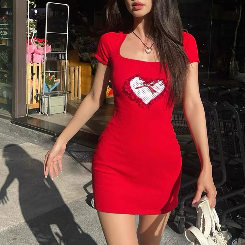 Square Neck Polka Dot Heart Patch Bow Bodycon Mini Dress