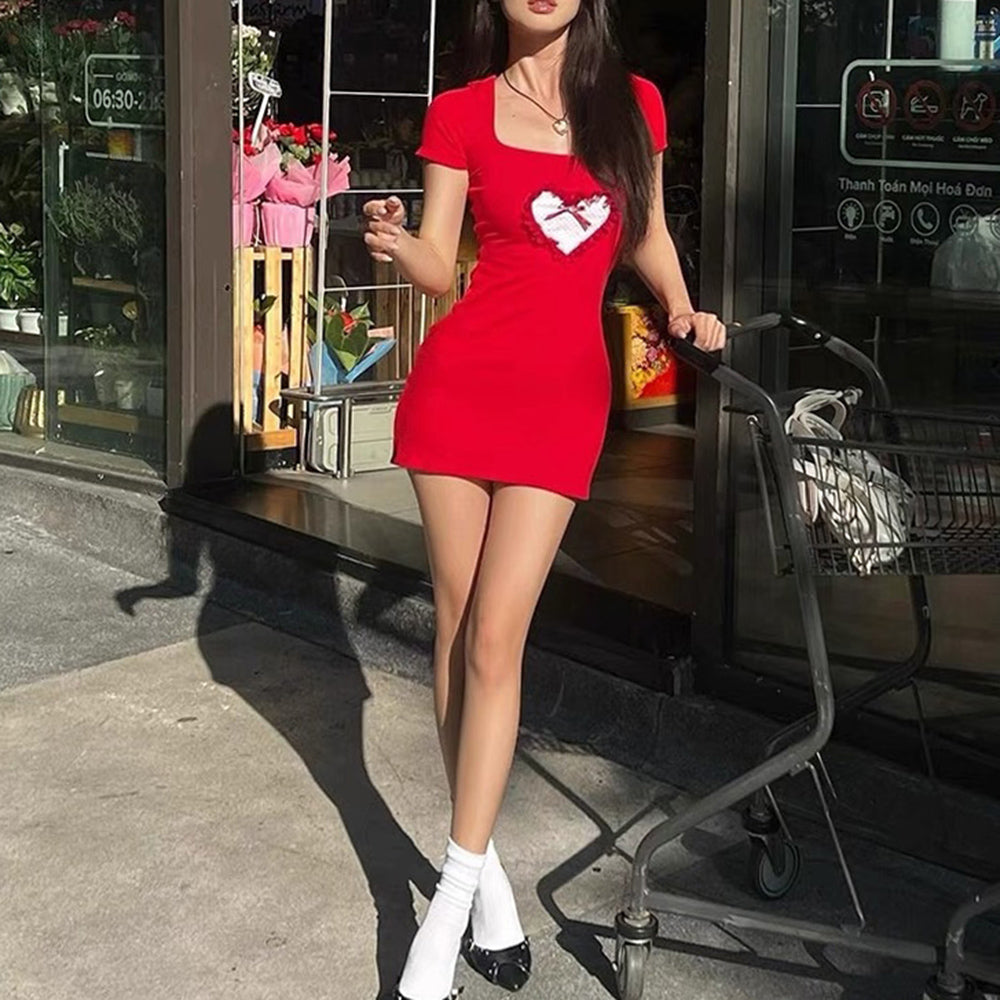 Square Neck Polka Dot Heart Patch Bow Bodycon Mini Dress