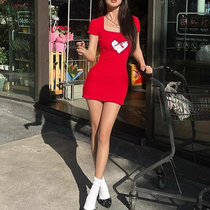 Square Neck Polka Dot Heart Patch Bow Bodycon Mini Dress