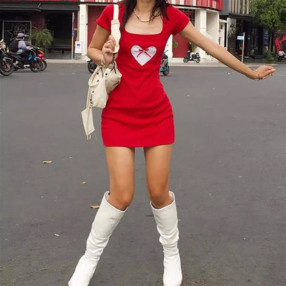 Square Neck Polka Dot Heart Patch Bow Bodycon Mini Dress