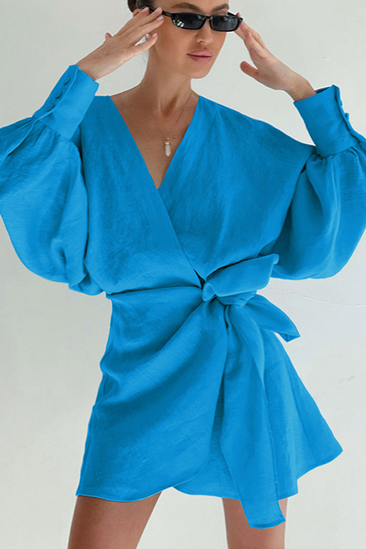 Linen Deep V-Neck Puff Sleeve Cuff Button Side Bow Wrap Mini Dress