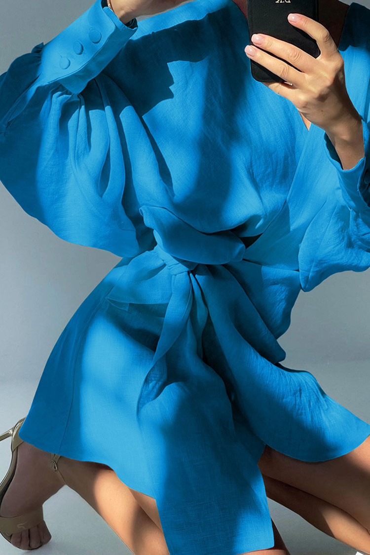 Linen Deep V-Neck Puff Sleeve Cuff Button Side Bow Wrap Mini Dress