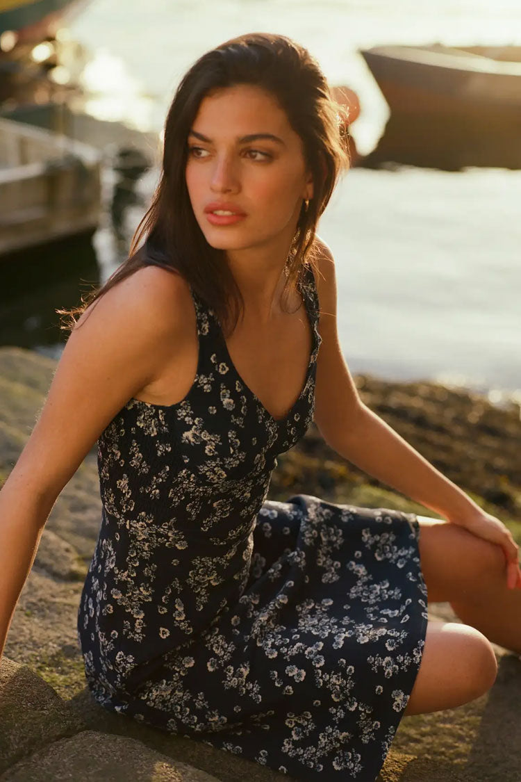 Ditsy Floral Print Deep V-Neck Wide Strap Bodycon Midi Dress