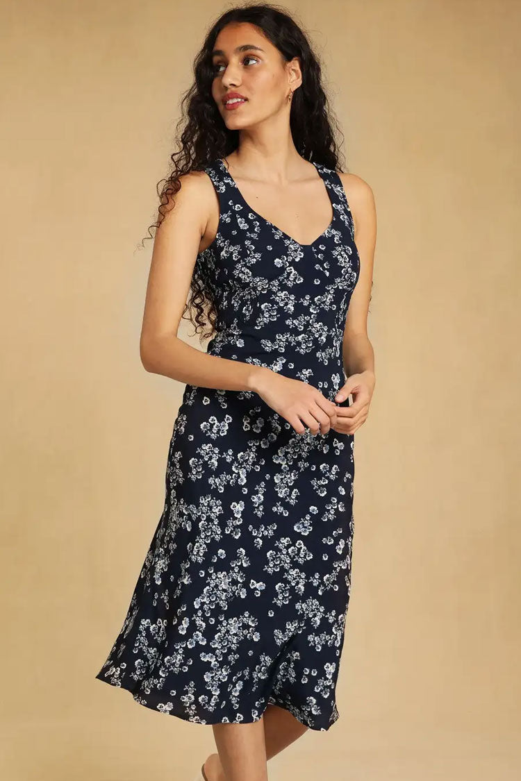 Ditsy Floral Print Deep V-Neck Wide Strap Bodycon Midi Dress