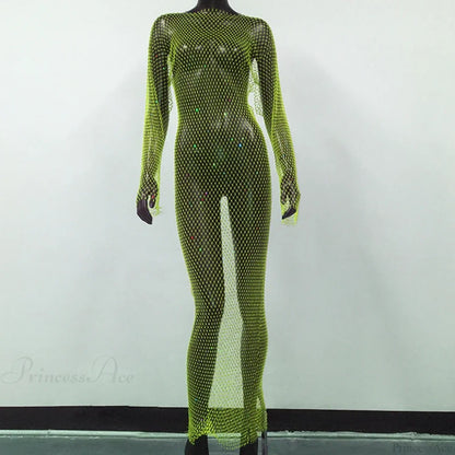 Rhinestone Fishnet Long Sleeve Party Dress