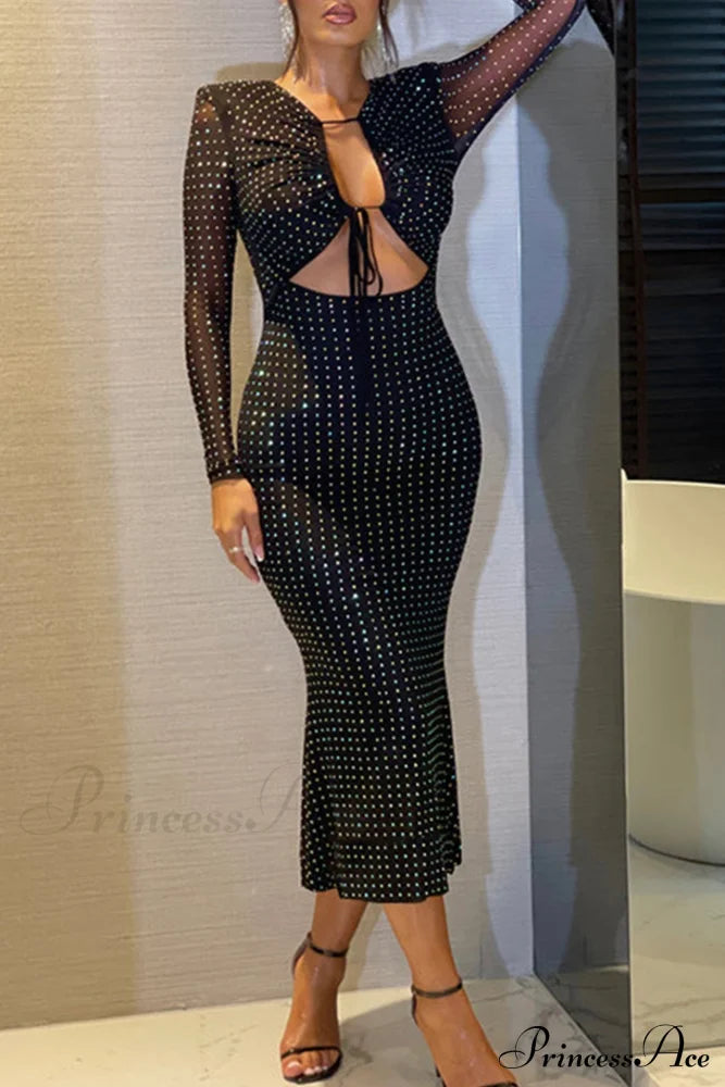 Rhinestone Mesh Cutout Dress