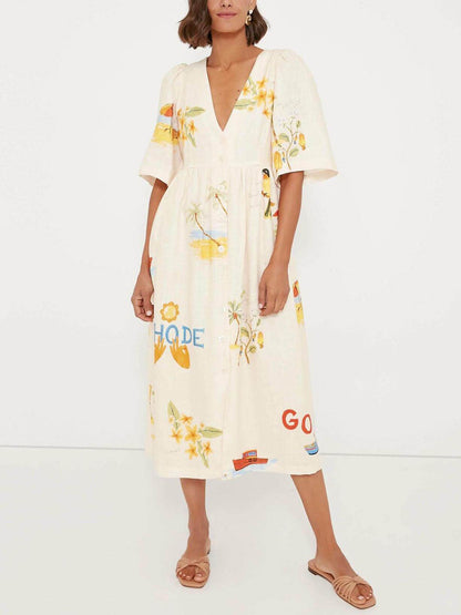 Tropical Graphic Button Front Puff Sleeve Empire Midi Dress