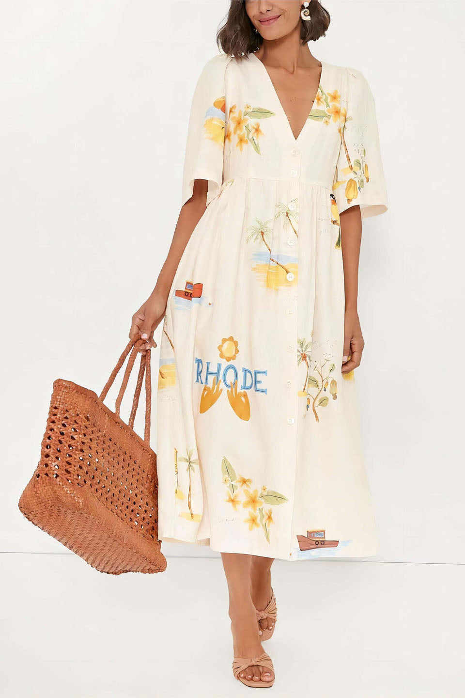 Tropical Graphic Print Button Down V-Neck Flutter Sleeve Midi Dress