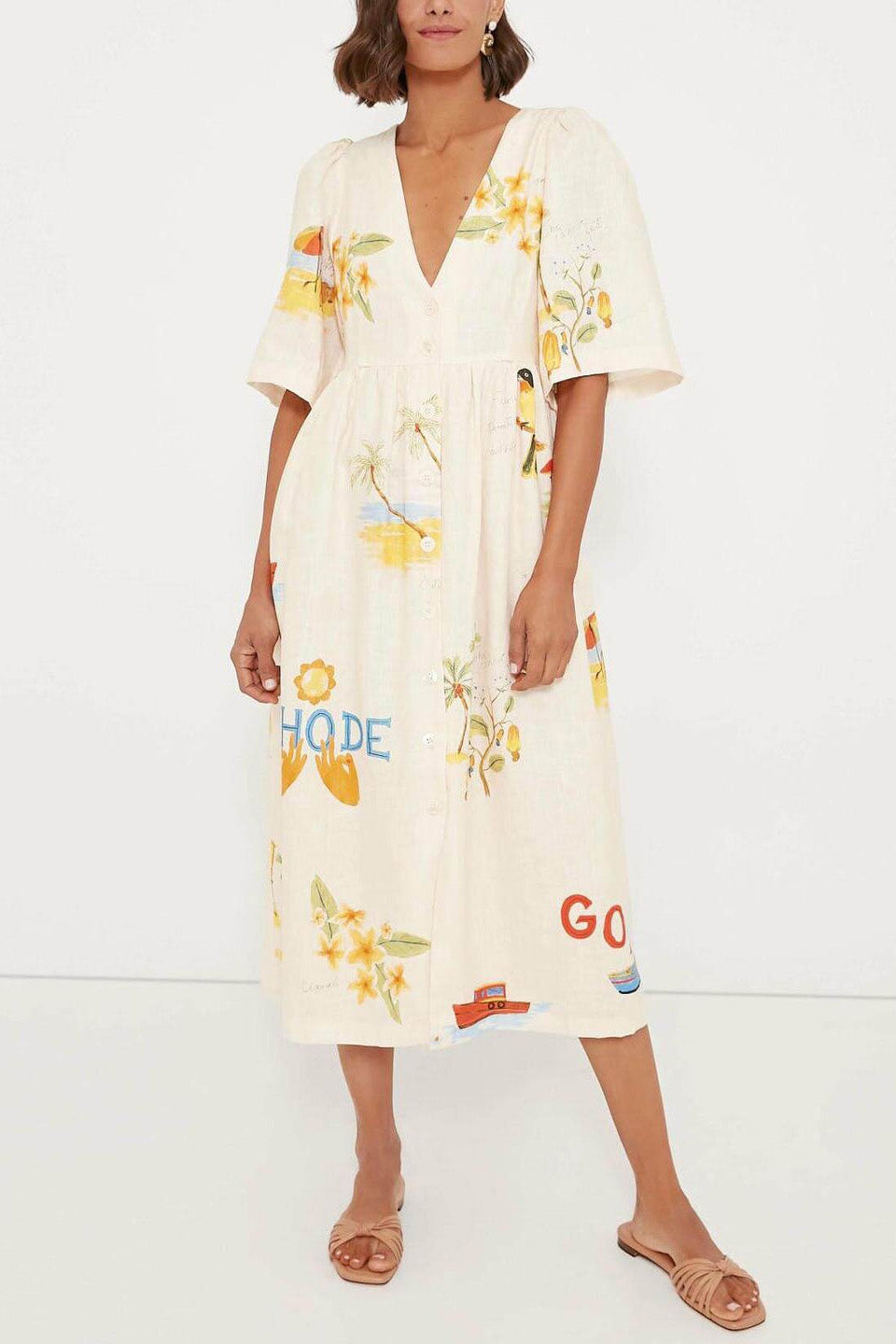 Tropical Graphic Print V-Neck Puff Sleeve Button Front Linen Look Midi Dress