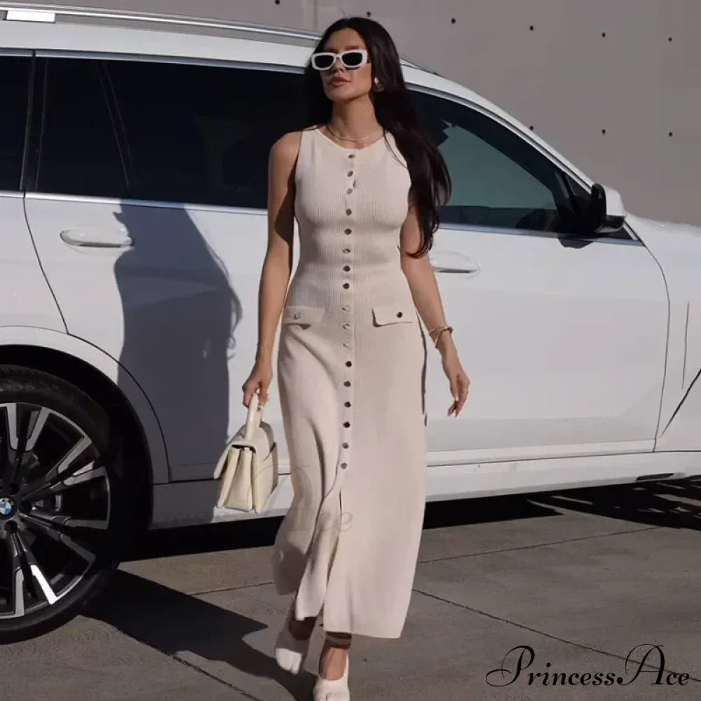 Ribbed Buttoned Stylish Midi Dress