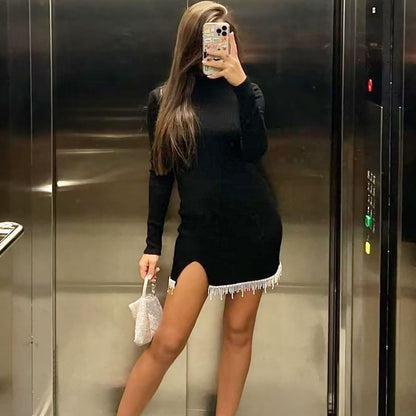 Crystal Fringe Hem Ribbed Knit Long Sleeve Crew Neck Sweater Mini Dress