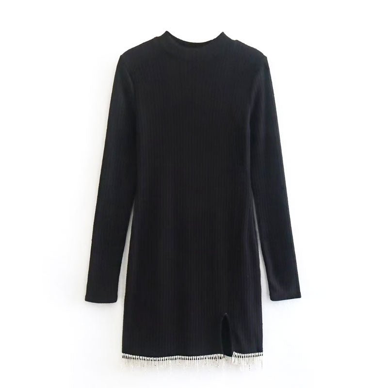 Crystal Fringe Hem Ribbed Knit Long Sleeve Crew Neck Sweater Mini Dress