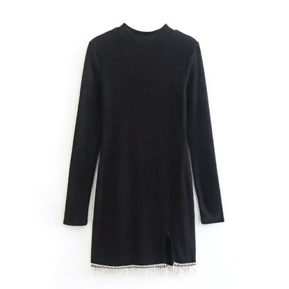 Crystal Fringe Hem Ribbed Knit Long Sleeve Crew Neck Sweater Mini Dress