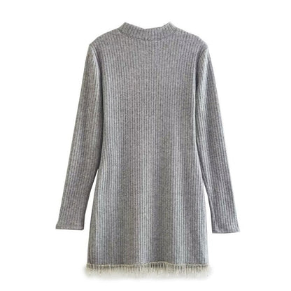 Crystal Fringe Trim Ribbed Knit Long Sleeve Mock Neck Sweater Mini Dress