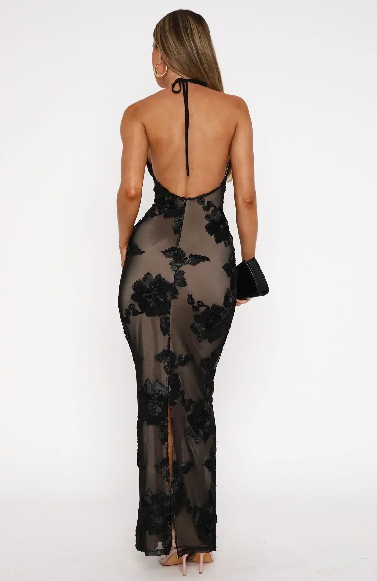 Halter Scoop Neck 3D Floral Applique Embroidered Bodycon Maxi Dress