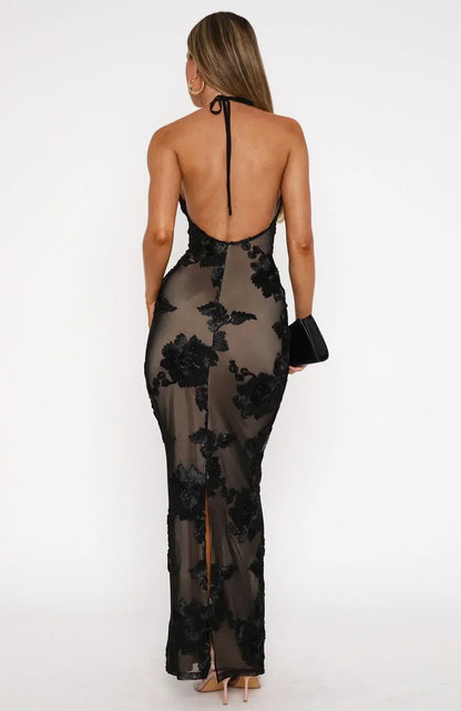 Halter Scoop Neck 3D Floral Applique Embroidered Bodycon Maxi Dress