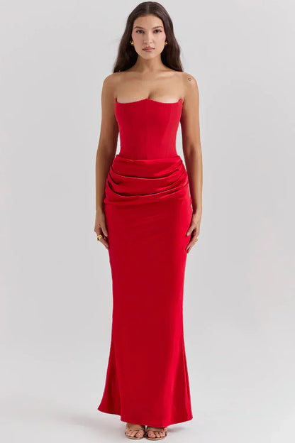Strapless Pointed Neckline Hip Ruched Column Maxi Gown