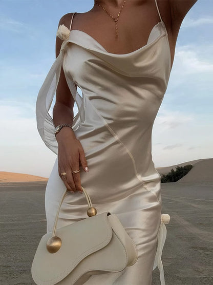 Cowl Neck Spaghetti Strap Rosette Drape Satin Maxi Dress