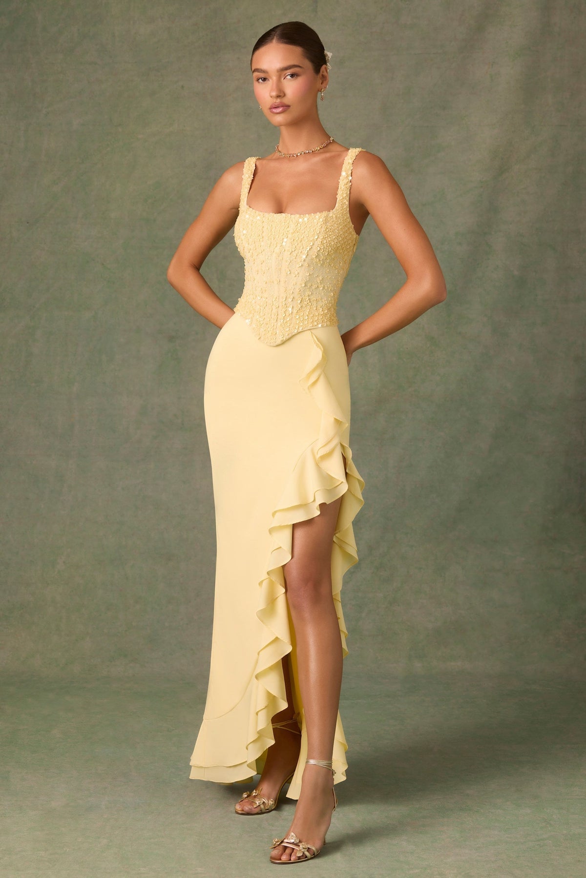 Square Neck Sequined Corset Bodice Ruffle Trim High Slit Maxi Gown