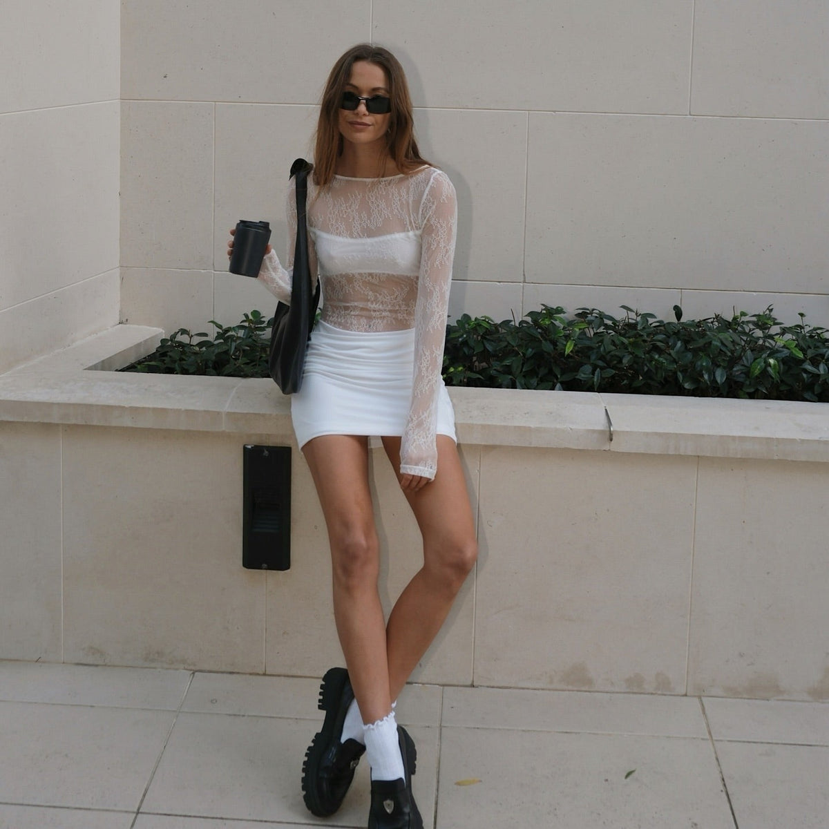 Crew Neck Long Sleeve Sheer Lace Bodice Solid Skirt Mini Dress