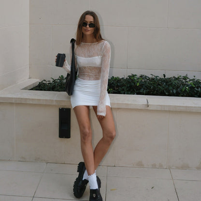 Crew Neck Long Sleeve Sheer Lace Bodice Solid Skirt Mini Dress