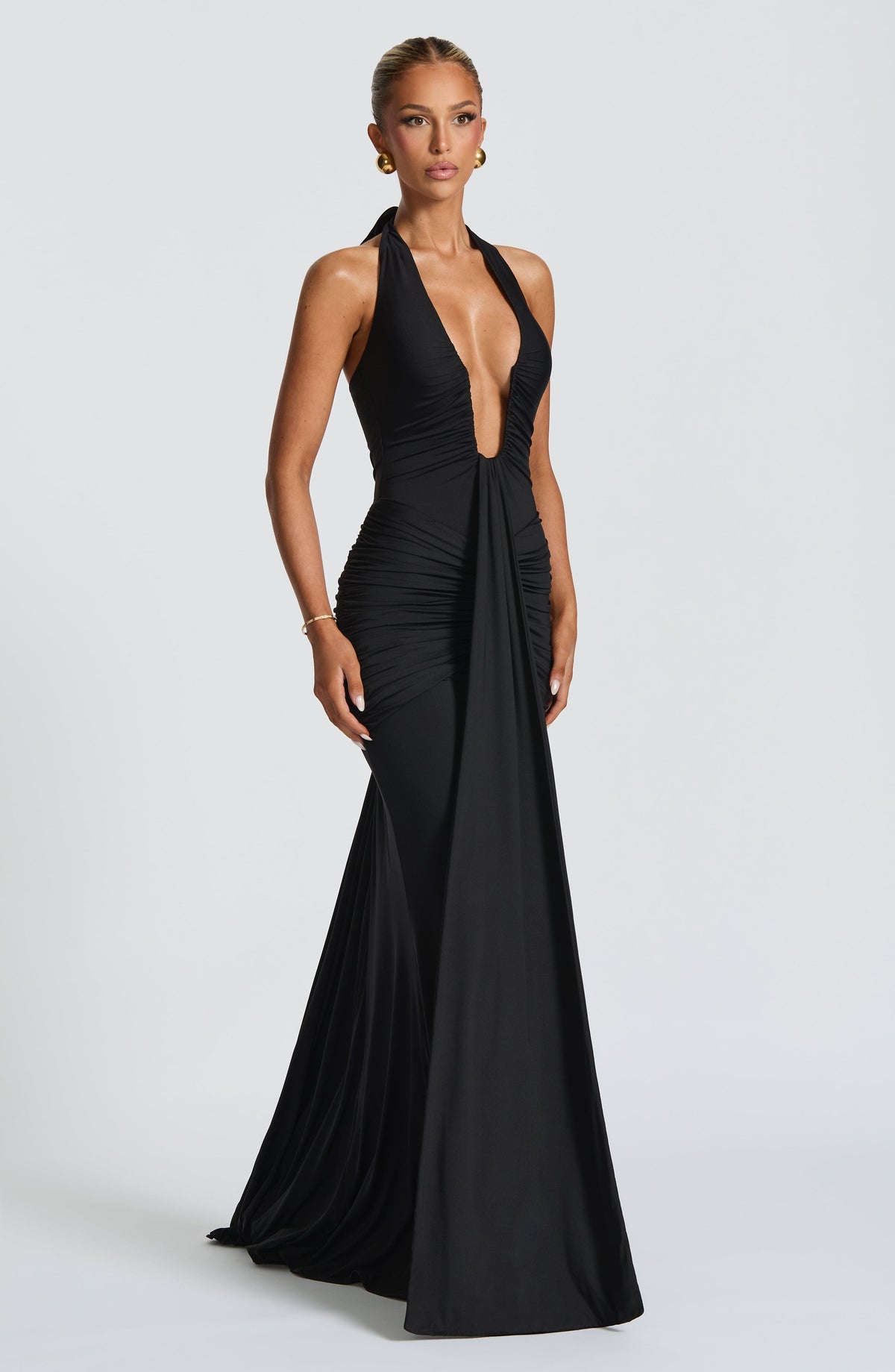 Deep V-Neck Halter Bow Back Ruched Draped Panel Maxi Gown