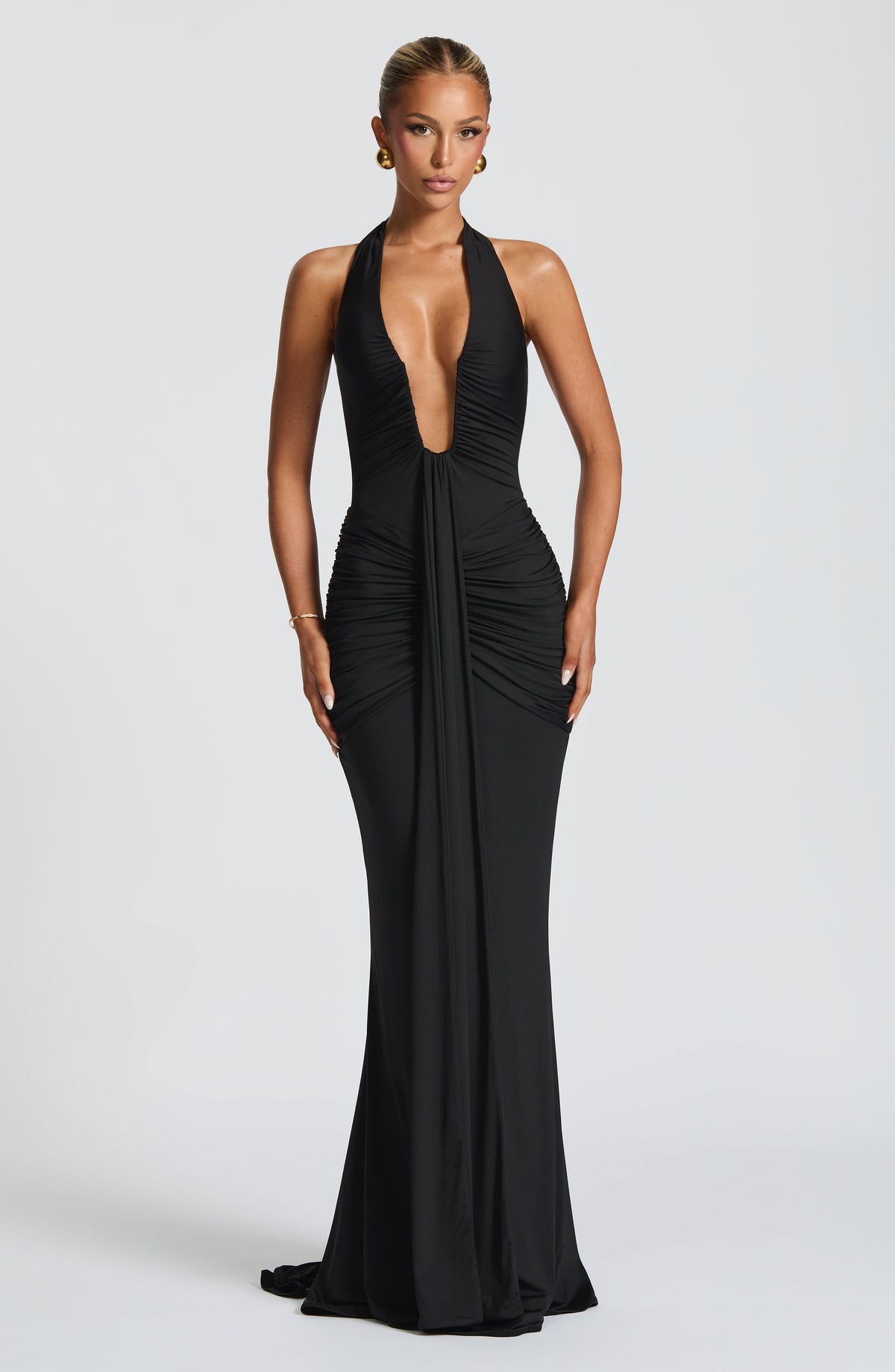 Deep V-Neck Halter Bow Back Ruched Draped Panel Maxi Gown