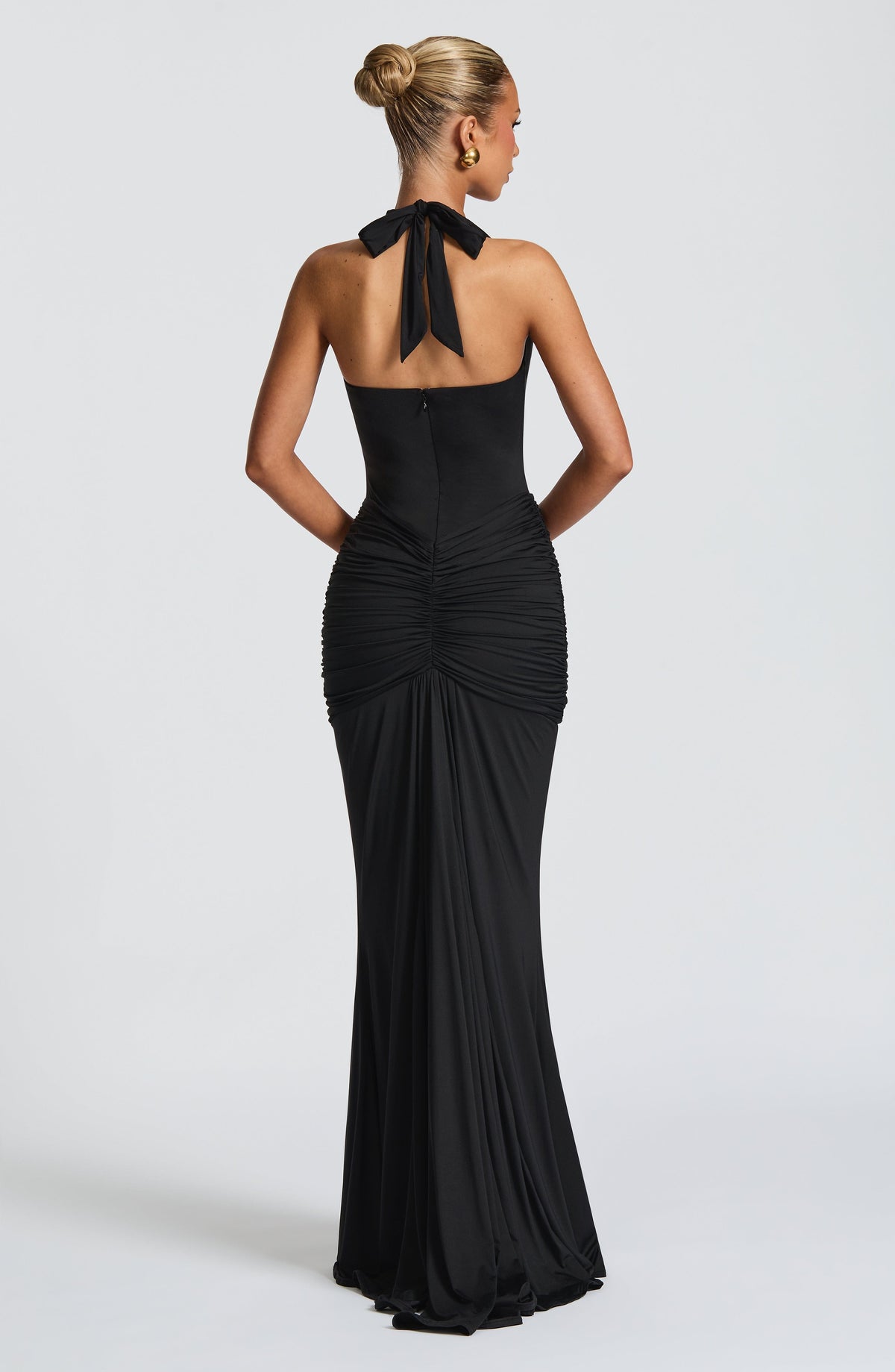 Deep V-Neck Halter Bow Back Ruched Draped Panel Maxi Gown