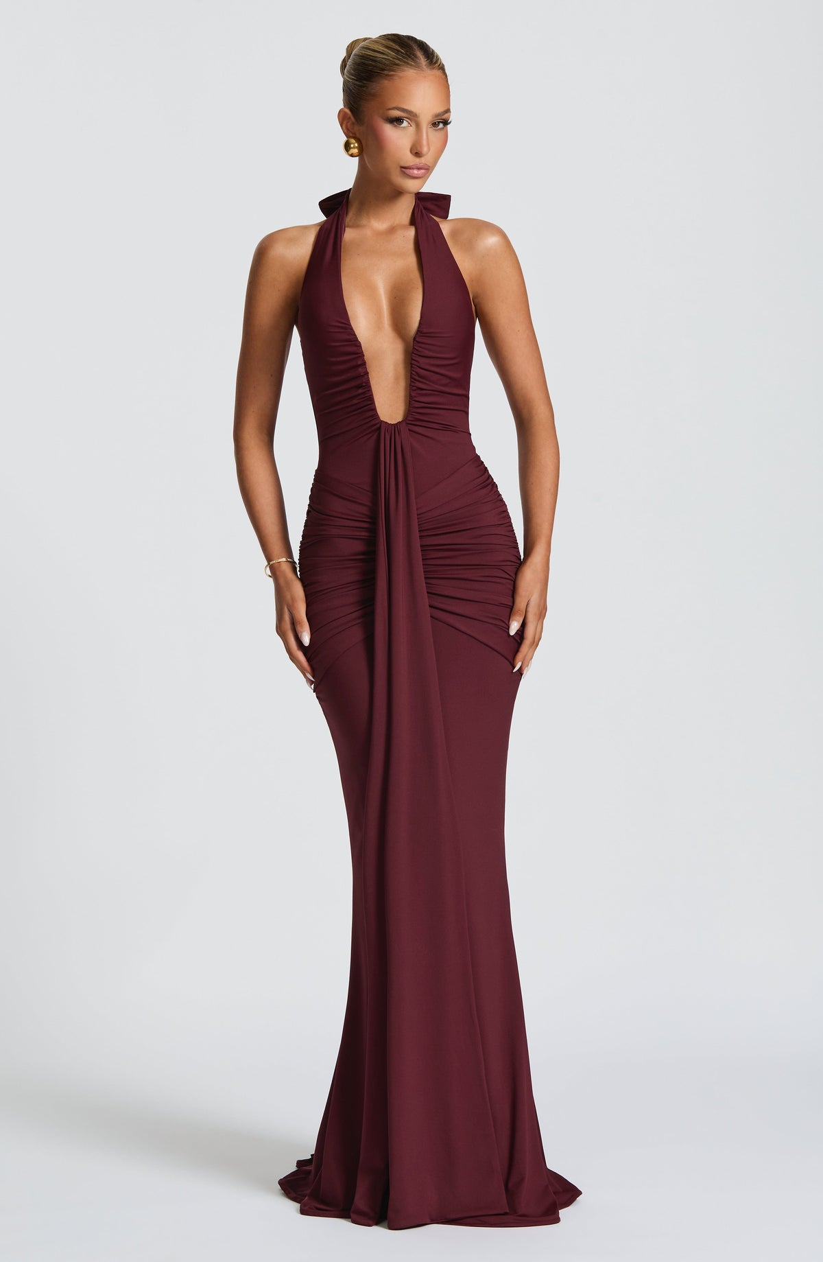 Deep V-Neck Halter Bow Back Ruched Draped Panel Maxi Gown