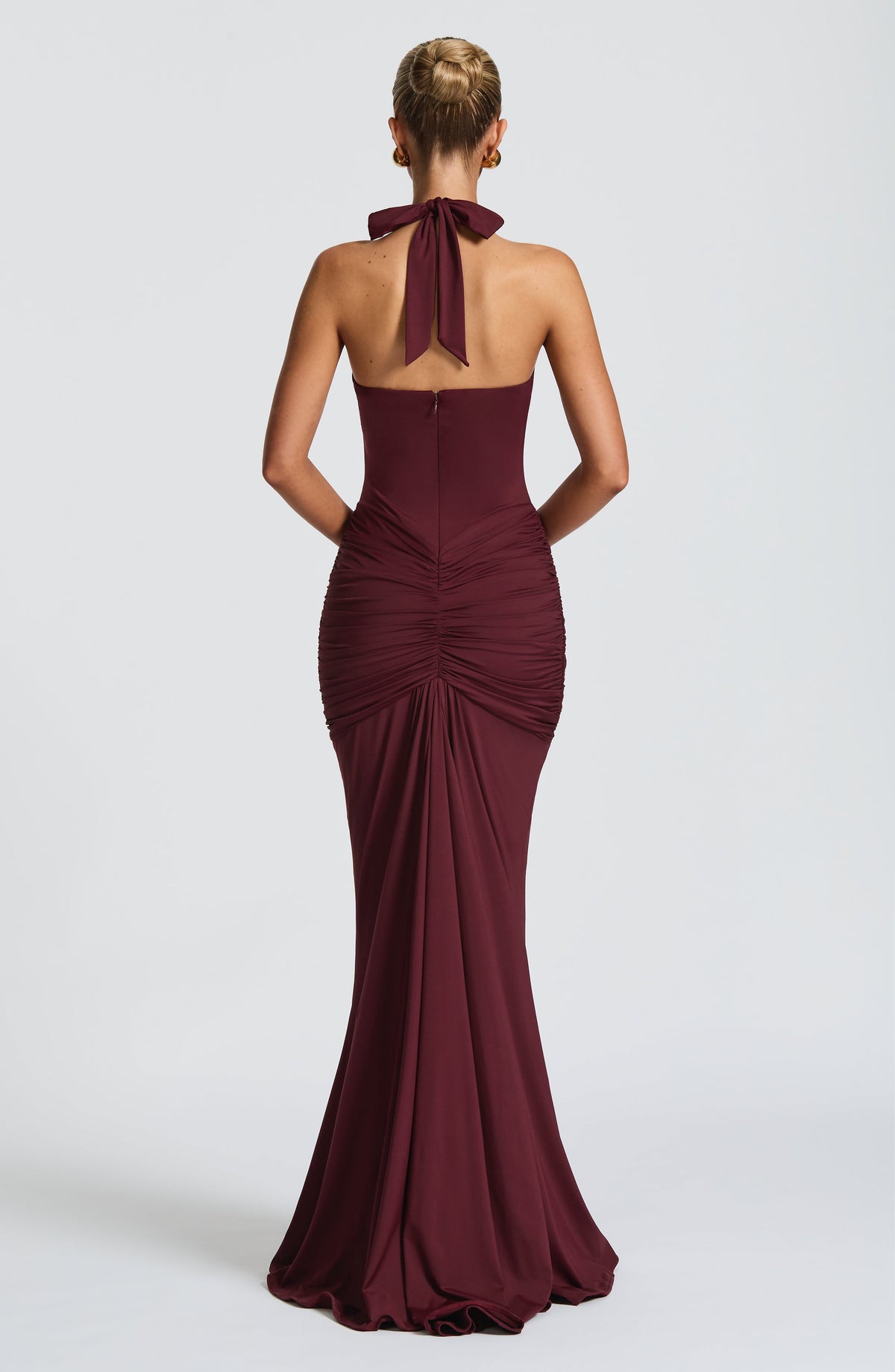 Deep V-Neck Halter Bow Back Ruched Draped Panel Maxi Gown